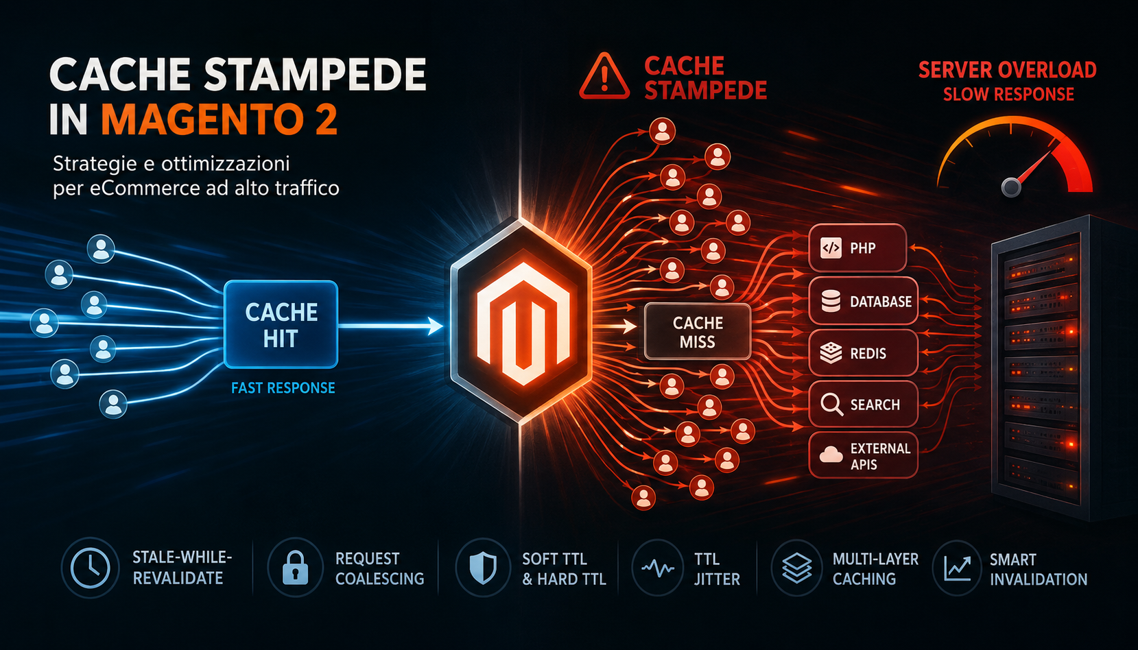 L'immagine descrive come ottimizziamo gli ecommerce magento 2 ad alto traffico